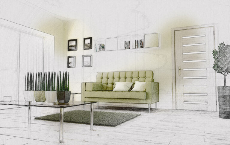 3D render of a modern interior in sketch style design